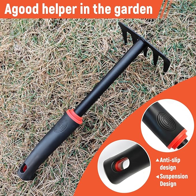 Small Garden Rake, Hand Rake & Cultivator Tool with Non-Slip Handle ? Hand Weeder for Weeding, Tilling Soil, Planting