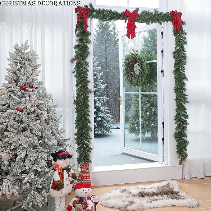 Christmas Wreaths for Front Door - 24" Artificial Christmas Wreath - Real Touch Norfolk Pine Wreath for Door,Wall,Windows,Indoor Outdoor -Christmas Decorations -Holiday Decor -Free Battery LED Lights