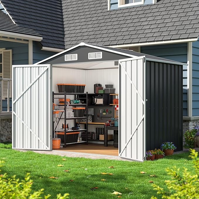 8x6 FT Outdoor Storage Shed, Metal Garden Tool Shed with Updated Frame Structure and Lockable Doors, Ideal for Backyard Garden Patio Lawn, Grey