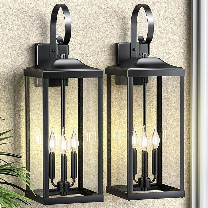 2 Packs 24" Extra Large Outside Wall Light Fixture 3-Light, Black Outdoor Porch Lantern Wall Mounted, Waterproof Modern Outside Wall Sconce Coach Lamp for House, E12