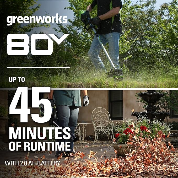 Greenworks 80V Brushless Cordless Yard Tool Combo Kit with 2.0Ah Battery & Rapid Charger ? 16 Dual-Line String Trimmer and 500 CFM / 125 MPH Leaf Blower, Variable Speed, 4-Year Warranty