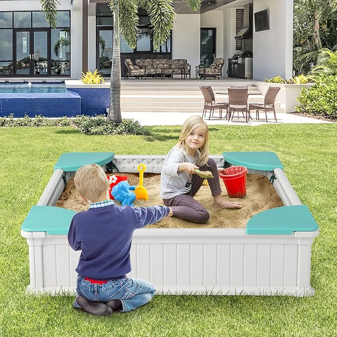 HONEY JOY 12.5 Kids Sandbox with Cover, 48 x 48 Inch Large HDPE Pit for Backyard, 4 Corner Seats & Bottom Liner, Sand Protection, All Weather Resistant Sand Boxes for Kids Outdoor (White)