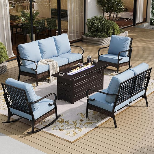 5 Piece Metal Outdoor Patio Furniture Set with Firepit Table, Patio Conversation Set 1 3-Seater Sofa, 2-Seater Loveseat, 2 Rocking Chairs with 5.75" Cushion for Backyard Deck, Blue