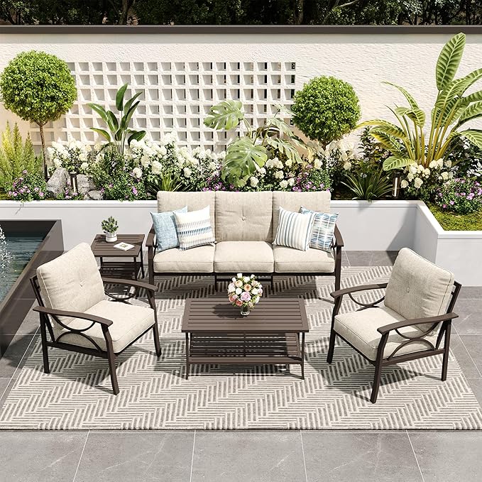 5-Piece Outdoor Patio Furniture Set, Outdoor Metal Sectional Furniture with Cushions, Outdoor Conversation Seating Set with Side Table for Deck, Backyard, Garden, Balcony, Khaki