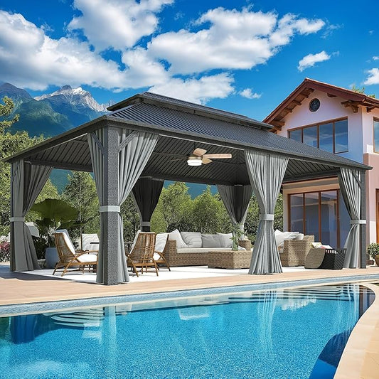 12x20 FT Gazebo Hardtop Gazebo, Aluminum Pergola with Double Galvanized Steel Roof, Curtains and Netting Included, Outdoor Gazebos Canopy for Patio, Backyard, Deck, Lawn,Grey