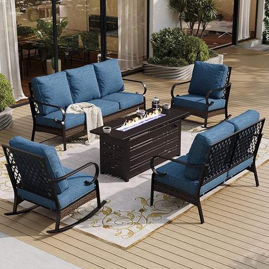 5 Piece Metal Outdoor Patio Furniture Sets with Firepit Table, Patio Conversation Sets 1 3-Seater Sofa, 2-Seater Loveseat, 2 Rocking Chair with 5.75" Cushion for Backyard Deck, Blue-2