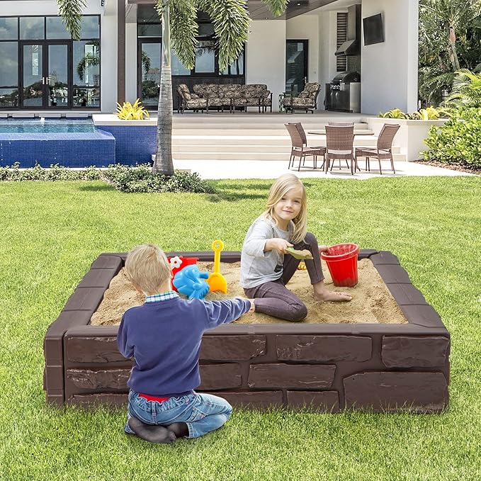 HONEY JOY Sandbox with Cover, 47 x 47 Inch Square Sand Pit for Backyard, Bottom Drainage Oxford Liner, HDPE Playful All Weather Resistant Sand Boxes for Kids Outdoor with Lid (Brown)