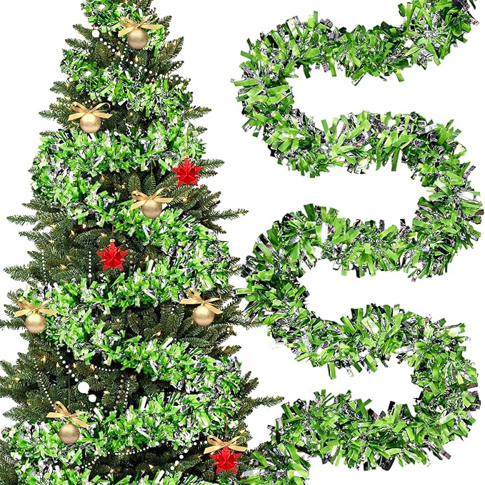 177 Feet Christmas Tinsel Garland Metallic Shiny Hanging Christmas Tree Tinsel Garland Ornaments for Indoor Outdoor Party Wedding Holiday (Lime Green White Silver)