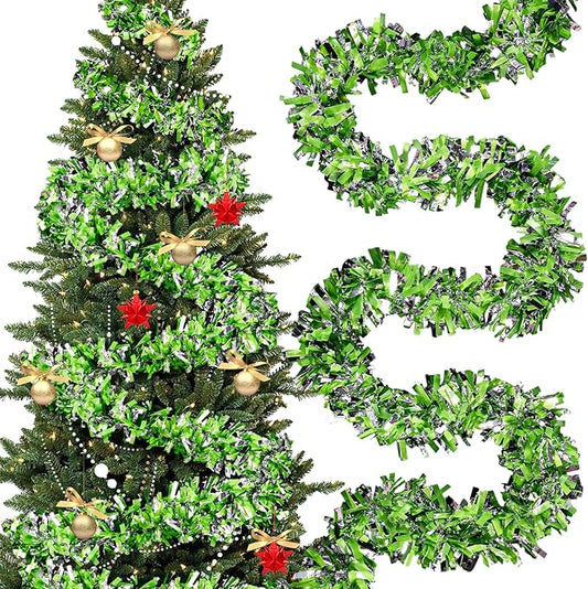 177 Feet Christmas Tinsel Garland Metallic Shiny Hanging Christmas Tree Tinsel Garland Ornaments for Indoor Outdoor Party Wedding Holiday (Lime Green White Silver)