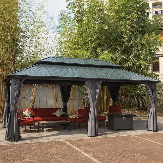 Domi Hardtop Gazebo 12x18FT, Aluminum Metal Gazebo with Galvanized Steel Double Roof Canopy, Curtain and Netting, Permanent Gazebo Pavilion for Patio, Backyard, Deck and Lawn, Grey