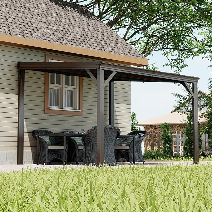 Domi 10' x 10' Lean to Gazebo, Wall Mounted Gazebos Pergola with Built in Drainage System, Galvanized Steel Roof, Hardtop Patio Shelter for Deck, Porch, Backyard and More,Brown