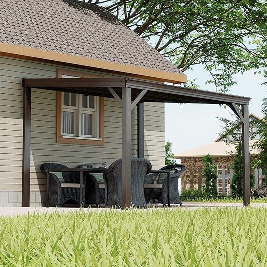 Domi 10' x 10' Lean to Gazebo, Wall Mounted Gazebos Pergola with Built in Drainage System, Galvanized Steel Roof, Hardtop Patio Shelter for Deck, Porch, Backyard and More,Brown