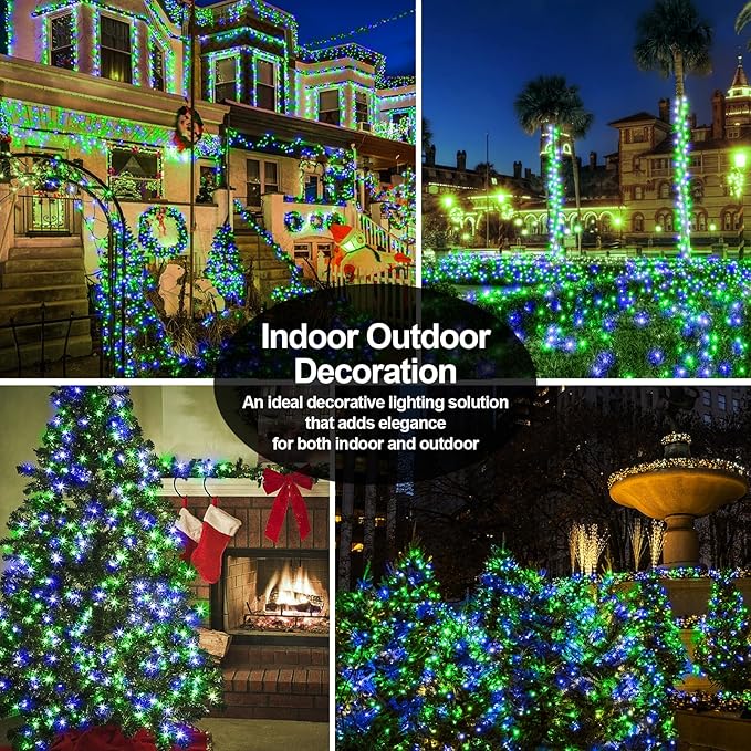 200 FT 500 LED Christmas Lights Outdoor Fairy Lights Plug In Extra Long String Lights Clear Wire Waterproof 8 Modes Timer for Outside House Tree Garden Yard Wedding Party Decorations-Blue & Green