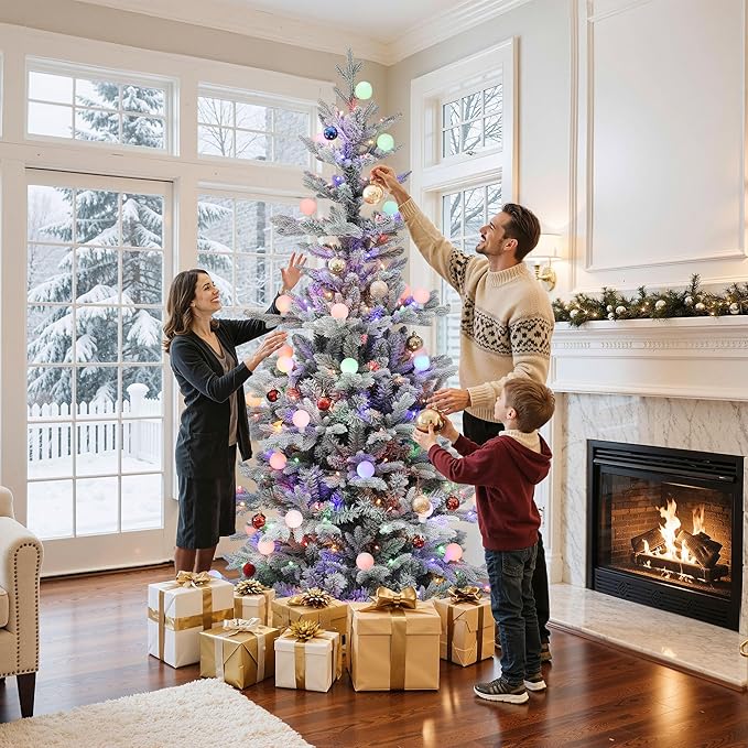 GOOBED 6FT Prelit Flocked Christmas Tree with Remote, Layered Hinged Flocked Christmas Tree w/ 1338 PE & PVC Mixed Tips, 270 Warm-White & Color Changing Lights w/Removable Bulbs,11 Modes
