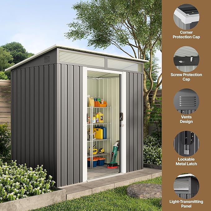 Gizoon 6'x4' Outdoor Storage Shed Metal Garden Shed with Sliding Lockable Doors, Versatile Tool Bike Shed with Transparent Panel Windows, Outdoor Storage Clearance for Backyard, Patio, Dark Gray