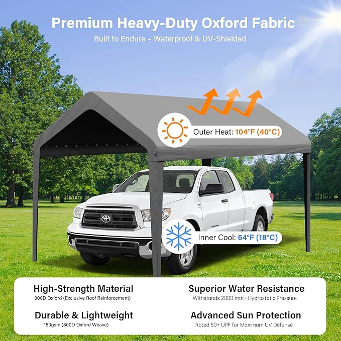 Canopy Replacement Cover, Carport Replacement Canopy, 800D Oxford Waterproof & UV Protected Tarp with Ball Bungees (Frame is not Included) (Grey, 10x20)