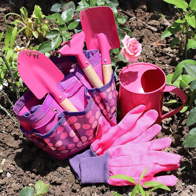 Kids Gardening Tools Set, Toddler Play Kit Child Outdoor Toy with Gloves, Watering Can, Metal Shovel, Rake, Spade & Storage Bag, Backyard Sand Digging Birthday for Boys Girls 3 4 5 (Pink)