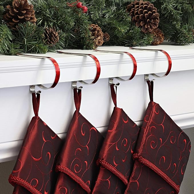 Haute Decor The Original MantleClip Stocking Holder - 4 Pack (Prismatic Red) - Hang Christmas Stockings Safely and Securely from Mantels Up to 3 Inches Thick