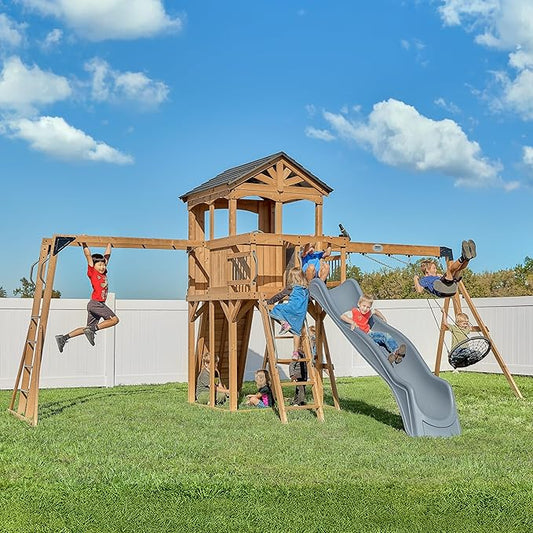 Backyard Discovery Dover Bay Spruce Wood Swing Set with Wave Slide, Clubhouse, Monkey Bars, Rock Wall, Belt Swings, Step Ladder, Toy Telescope, Chalkboard, Outdoor Playset
