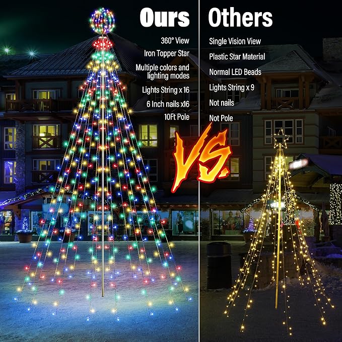 Flacchi 10 FT 432 LED Ball String Lights Outdoor - Pole Set with Remote, Multiple Lighting Modes, Timer, and Waterproof Feature for Ultimate Holiday Decor (Cool White & Multicolor)