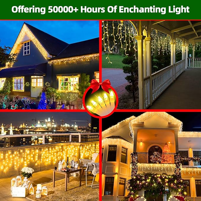 612 LED Christmas Lights with 136 Drops, 60ft 12 Modes Hanging ice String Lights with Timer & Dimmable & Waterproof, Plug-in Fairy Lights for Tree Holiday Wedding Party Christmas Decor Warm White