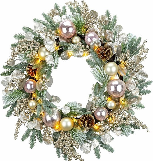 YULETIME 24" Christmas Wreath, Artificial Holiday Wreath with Baubles, Berries, Leaves, Spruce Branches, Snowy Pine Needles (Pink Bauble)