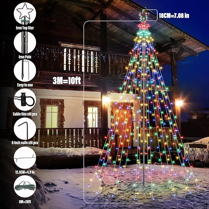 Flacchi 10 FT 404 LED Star String Lights Outdoor - Pole Set with Remote, Multiple Lighting Modes, Timer, and Waterproof Feature for Ultimate Holiday Decor (Multicolor)