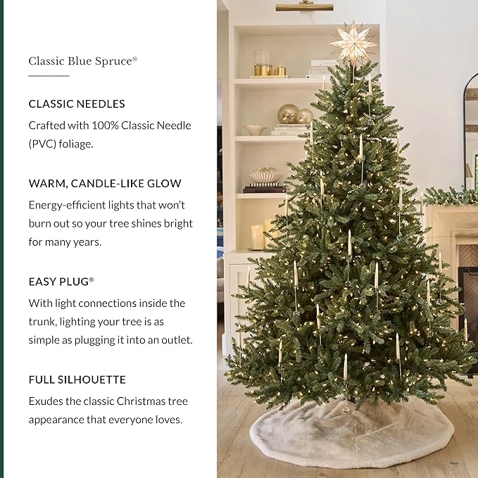 Balsam Hill 5.5 ft Pre-Lit Classic Blue Spruce - Artificial Christmas Tree with 400 LED Clear Lights, Easy Plug Technology, Premium Stand for Indoor Holiday Decorating