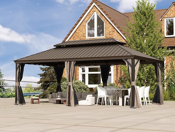 Domi 14x20FT Outdoor Gazebo, Hardtop Gazebo with Galvanized Steel Double Roof, Metal Gazebos with Drainage System Patio Pergola for Patio Deck Backyard,Curtain and Netting,Brown