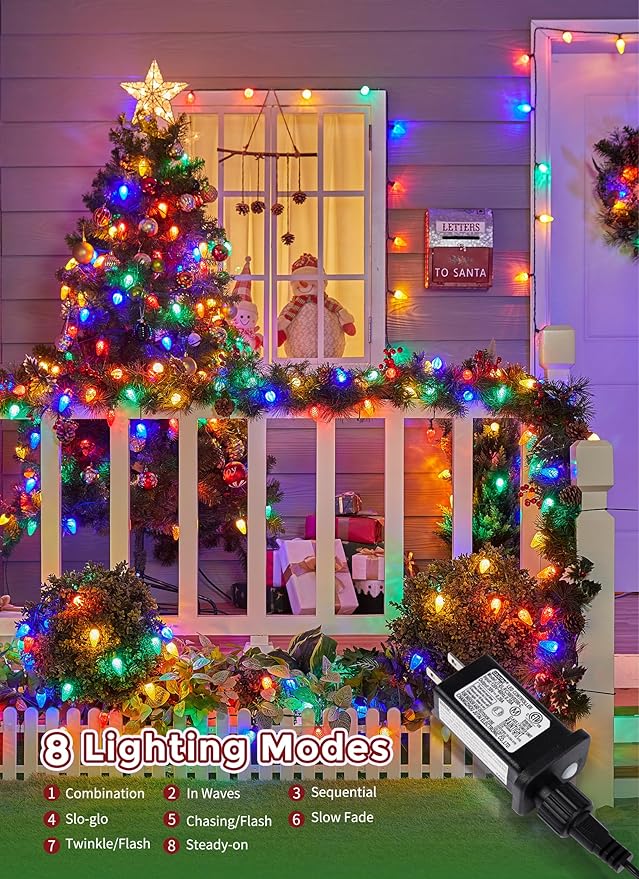 Minetom C9 Christmas Lights Outdoor, 81 Feet 100 LED String Lights with Timer & 8 Light Mode, Waterproof Commercial Grade Christmas Tree Lights for Outside Indoor Roofline Patio, Multicolor 2 Pack