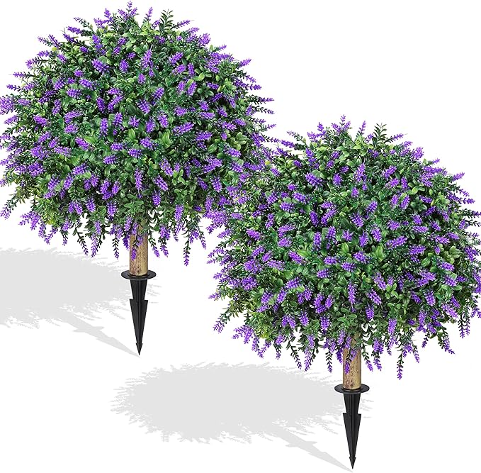 HyeFlora 26'' Artificial Topiary Boxwood Ball Trees with Lavender 2 Pack Fake Plants for Outdoor Indoor Artificial Shrubs with Ground Spike UV Resistant Fake Bushes for Front Porch Garden (Purple)