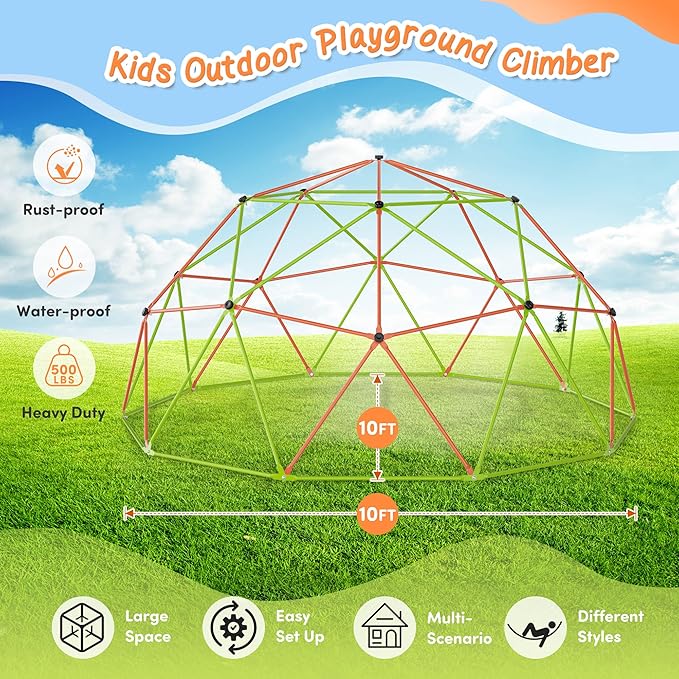 Jungle Gym 10FT X 10FT Climbing Dome with Swing & Hammock Outdoor Playset Support Up to 1000LBS Anti-Rust, Easy Assembly for Boys and Girls