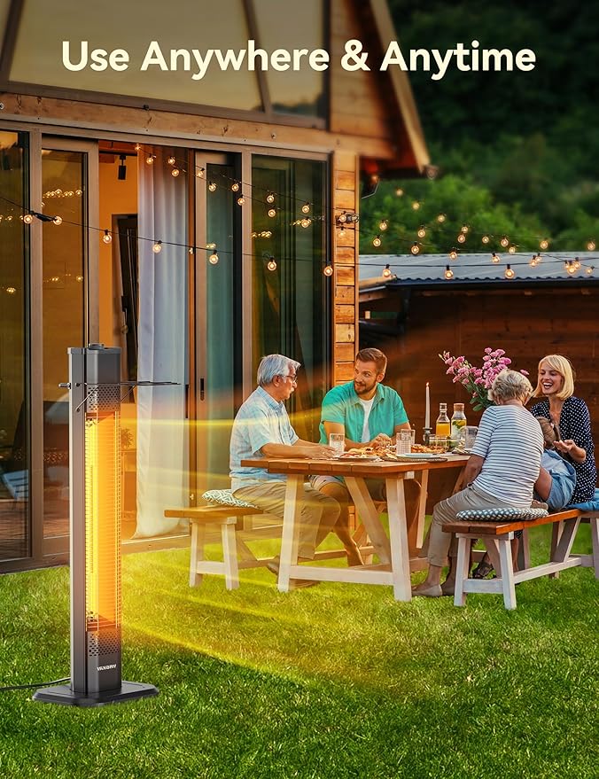 VAGKRI Outdoor Electric Patio Heater, 1500W Dual Carbon Tube Infrared Heater, Tip-Over & Overheat Protection,1S Instant Heat, IPX5 Waterproof, Tower Space Heater for Patio, Backyard & Garage