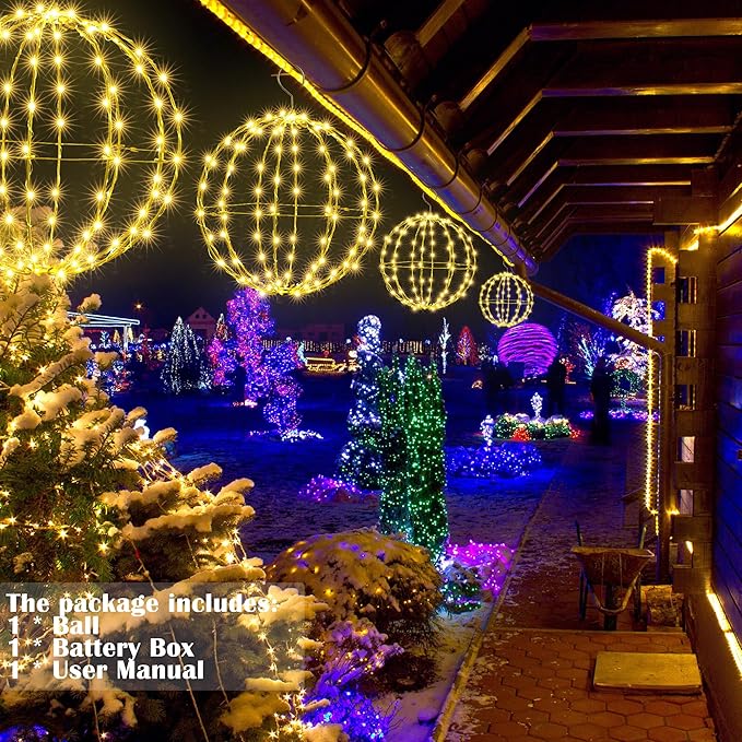Joomer Battery Operated Ball Lights 2Pack, 13IN & 11IN 120 LED Foldable Metal Sphere Lights, Waterproof 8 Lighting Modes with Timer Function, Hanging Light for Christmas Decorations (Warm White)