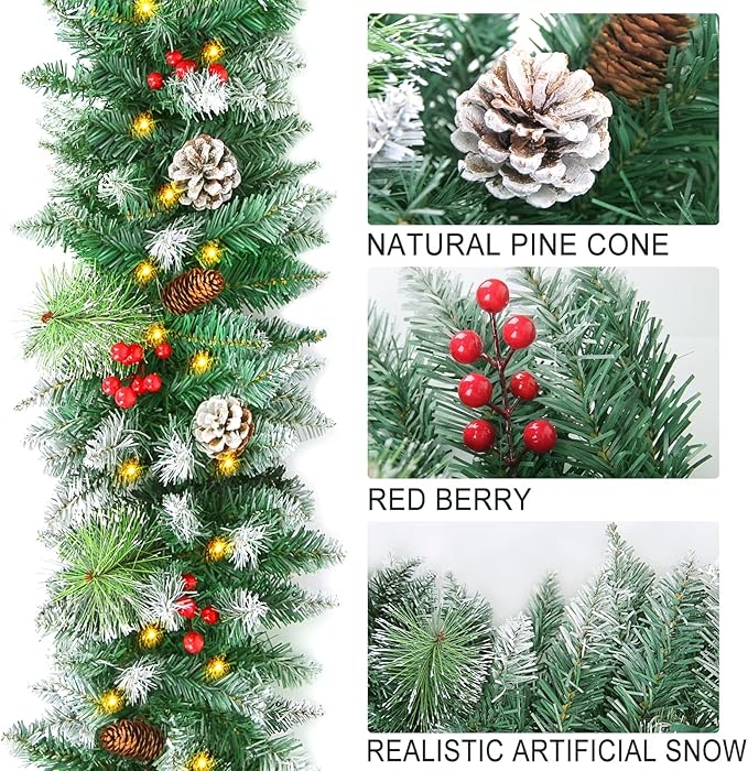 9FT Flocked Christmas Garland with 100 Lights for Mantle - Prelit Christmas Garland Lighted Xmas Garland Pine Cone Berry Cebar Garland Lights with Timer Outdoor Indoor Decorations