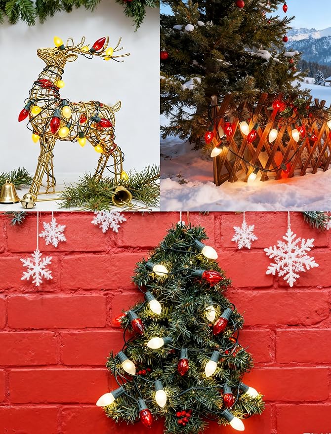 C9 Red and White Christmas String Lights 25Ft C9 Outdoor Christmas Decorations Lights with 26 Red Frosted White Bulbs, Vintage Christmas Light Waterproof for Patio Roofline Party Holiday Garden