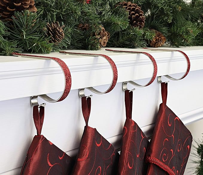 Haute Decor The Original MantleClip Stocking Holder - 4 Pack (Glitter Red) - Hang Christmas Stockings Safely and Securely from Mantels Up to 3 Inches Thick
