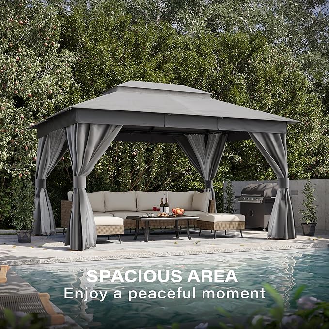 LAUSAINT HOME 10x13ft Outdoor Patio Gazebo with Double Roof, Heavy Duty Waterproof Gazebo Canopy Tent with Mosquito Netting for Backyard, Garden, Lawn & Wedding, Grey