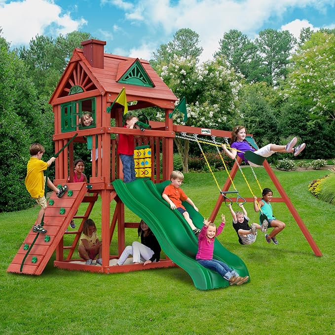 Gorilla Playsets Spring Creek Deluxe Wooden Swing Set with Wood Roof, Two Slides, Swings, and Climbing Wall