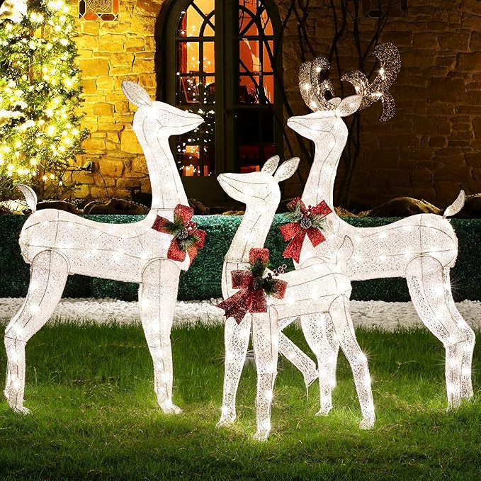 5Ft 3-Piece LED Lighted Christmas Deer Family Outdoor Yard Decorations,3D Super Large Christmas Reindeer Decor,Outdoor Lighted Holiday Deer with 360 LED Displays for Patio,Lawn&Garden,White