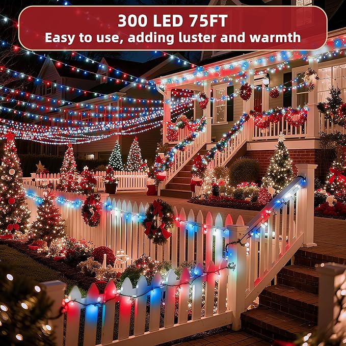 300 LED Outdoor Christmas Lights 75ft, 12 Lighting Modes Indoor String Lights Dimmable & Timer Memory, Outsite Waterproof Tree Lights for Xmas Garden Wedding Party Holiday Decorations Red White & Blue