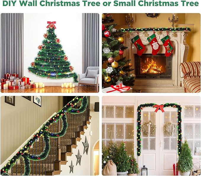 32 Feet Christmas Garland with Lights, DIY Christmas Tree Wall Corner Decor Artificial Garland with Butterfly, Flower and Balls, Battery Operated (Battery Not Included) for DIY Decoration