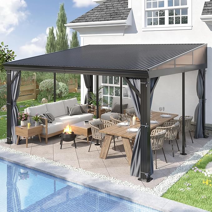 COVERONICS 12' X 14' Outdoor Lean to Gazebo - Wall-Mounted Aluminum Frame Gazebo with Slope Metal Roof, Patio Heavy-Duty Lean to Pergola with Netting & Curtains for Garden, Backyard, Deck