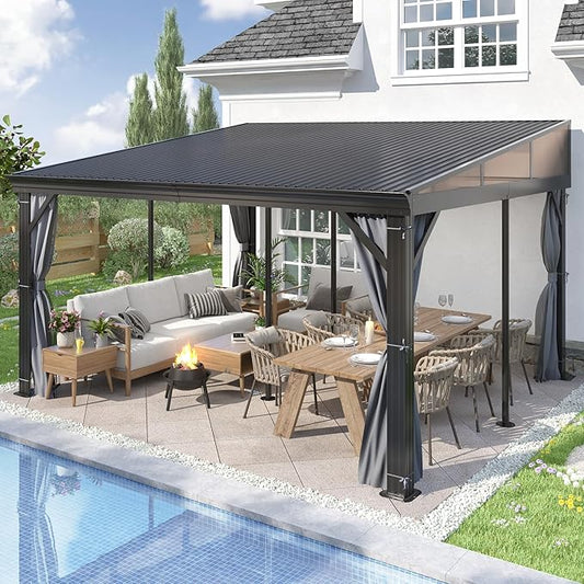COVERONICS 12' X 14' Outdoor Lean to Gazebo - Wall-Mounted Aluminum Frame Gazebo with Slope Metal Roof, Patio Heavy-Duty Lean to Pergola with Netting & Curtains for Garden, Backyard, Deck