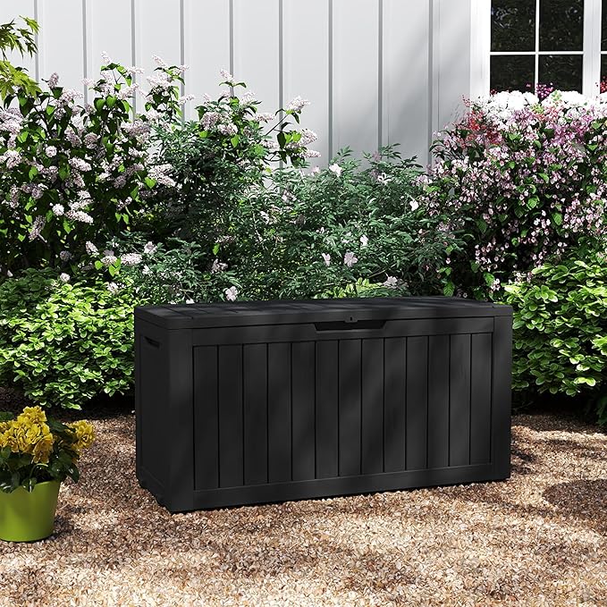 Mersco 72 Gallon Double-Wall Resin Deck Box - Lockable Waterproof Outdoor Storage Box, 515lbs Capacity & Doubles as Seating for Patio Furniture - Garden Tools, Pool Accessories (Black)