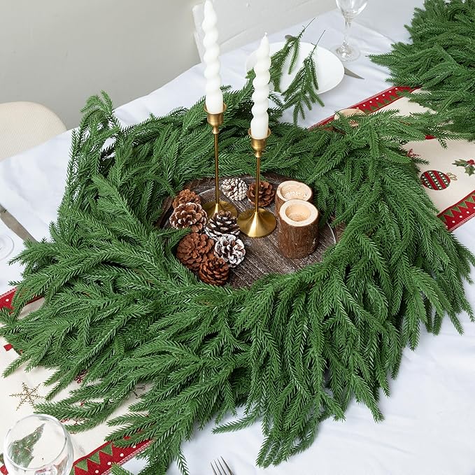 9FT Norfolk Pine Garland Realistic - Thick Deluxe Faux Christmas Greenery Garland Artificial Green Winter Pine Garlands for Mantle Staircase Table Indoor Outdoor Xmas Holiday Decoration
