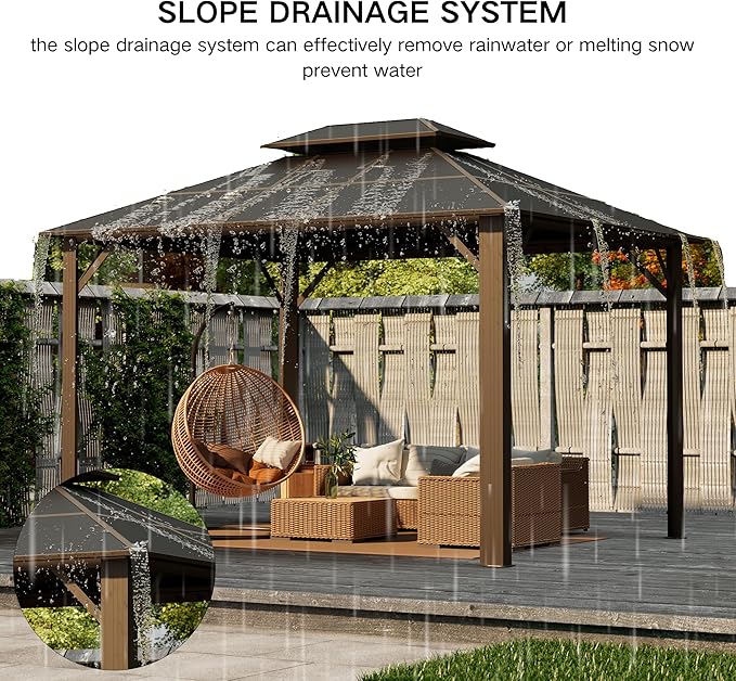 Kingdura Hardtop Gazebo 10'x10' with Double Polycarbonate Roof Canopy, Outdoor Gazebo with All-Weather Resistant Aluminum Frame Permanent Pavilion, UV Blocking for Patio Lawn Garden (Brown)