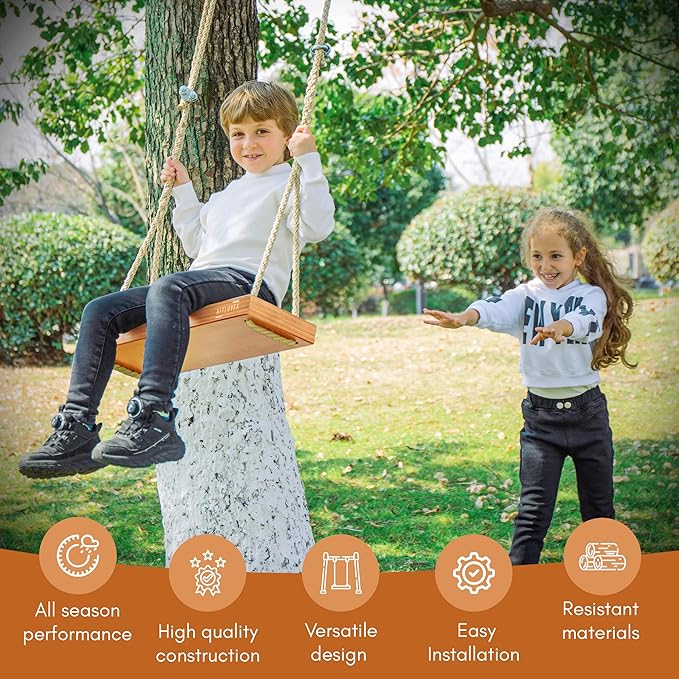 Outdoor Wood Hanging Seat, 22" x 8" x 2" Cedar Wooden Tree Swing for Adults & Kids, 440+ lb Capacity, Adjustable 5-7 ft Rope, Classic Heavy Duty Tree Swing for Backyard & Porch