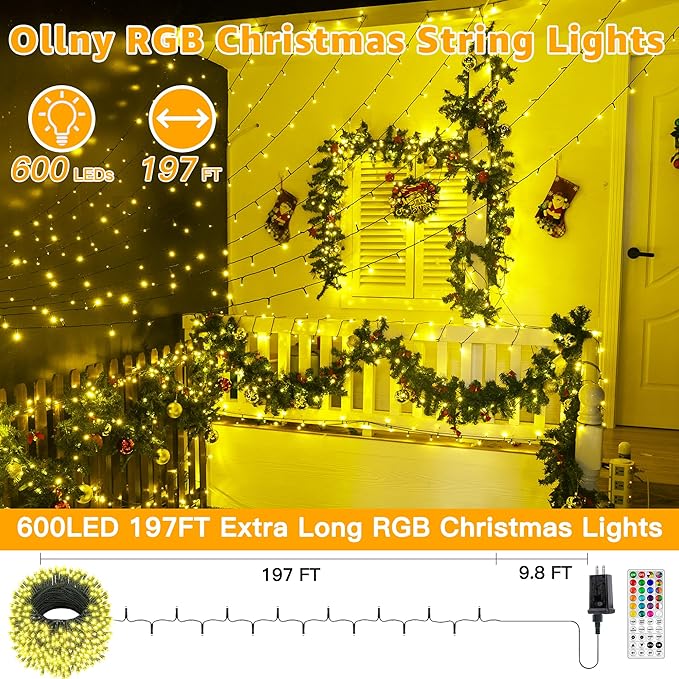 Ollny RGB Christmas Lights 600 LEDs 197 FT, 130 Modes Color Changing Christmas Tree Lights with Remote, Timer & Waterproof, Outdoor Christmas String Lights for Year-Round House Decorations