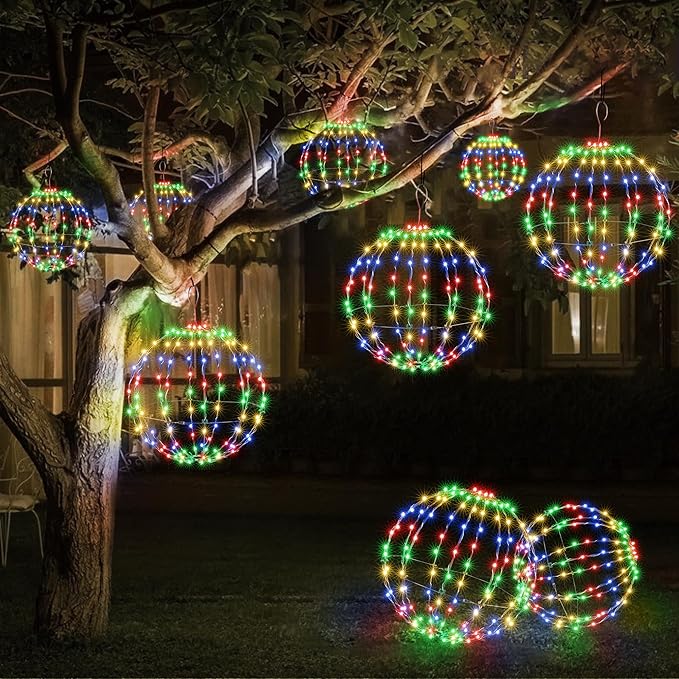 Joomer Battery Operated Christmas Ball Lights 2Pack, 13IN & 11IN Foldable Metal Sphere Lights, Waterproof 8 Lighting Modes with Timer Function, Hanging Light for Christmas Decorations (Multicolor)